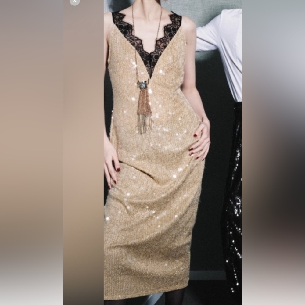 Zara Sequin Gold and Black Lace Dress NWT - Picture 5 of 9